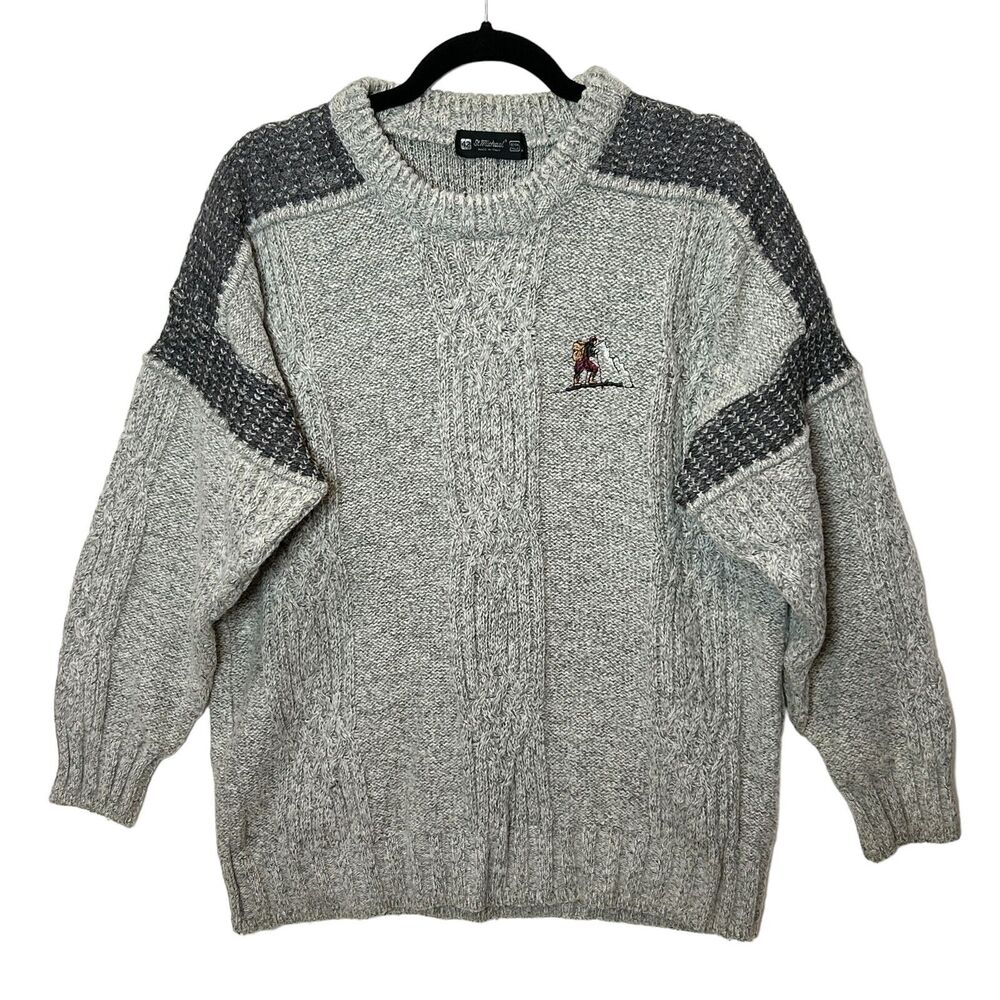 St. Michael Italy Ski Embroidered Cable Knit Gray Sweater Men's XS (42) Vtg 90s
